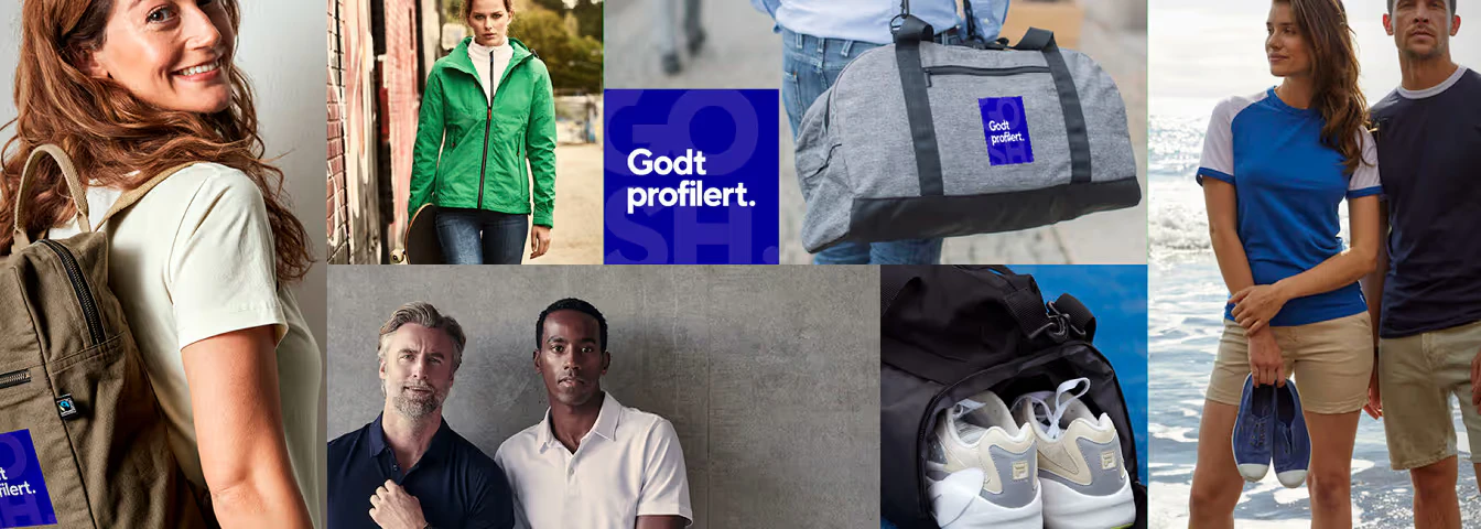 Kollasj med profilklær, ryggsekk og bag med logotrykk